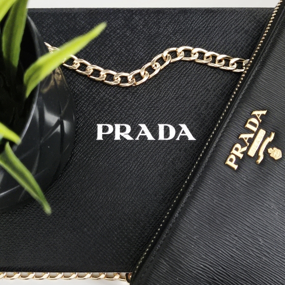 Prada Handbags - Authentic PRADA Vitello Zip Black Gold Saffiano Leather Wallet WOC Clutch